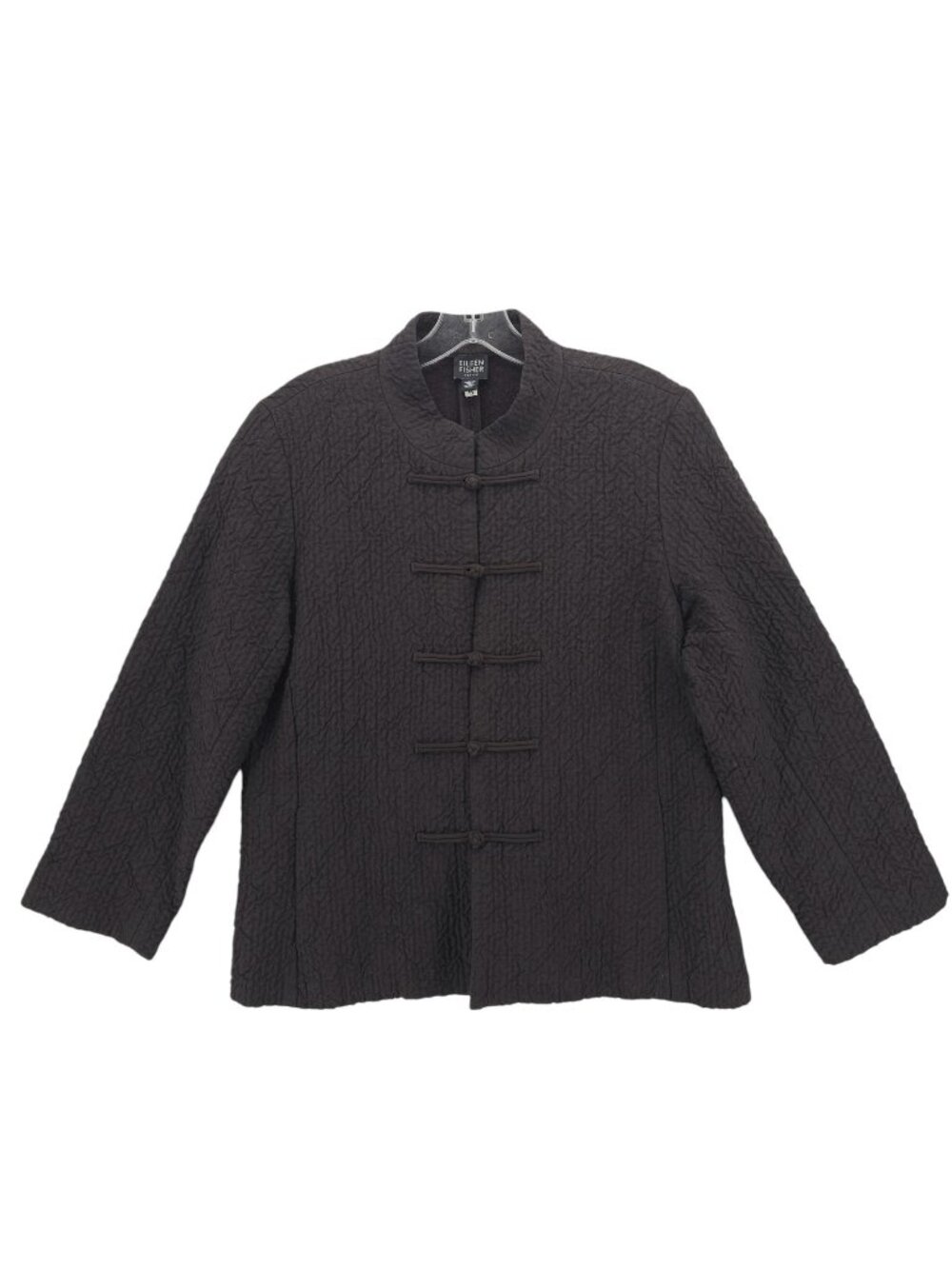 EILEEN FISHER Brown Textured Jacket Mandarin Collar Frog Closure Wool Linen PM